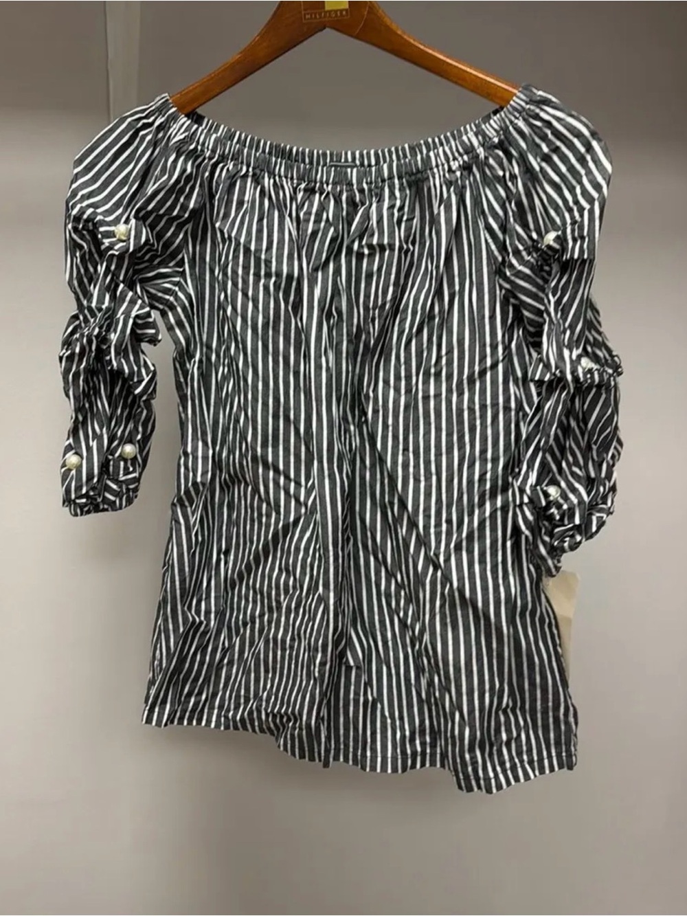 Off-Shoulder Black & White Striped Blouse with Ruched Sleeves